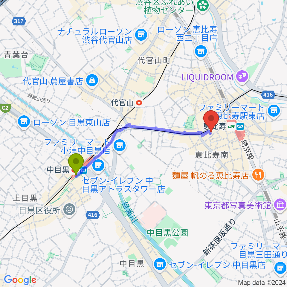 中目黒駅から声の達人スタジオへのルートマップ地図