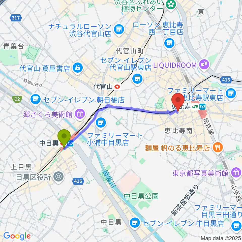 中目黒駅から声の達人スタジオへのルートマップ地図