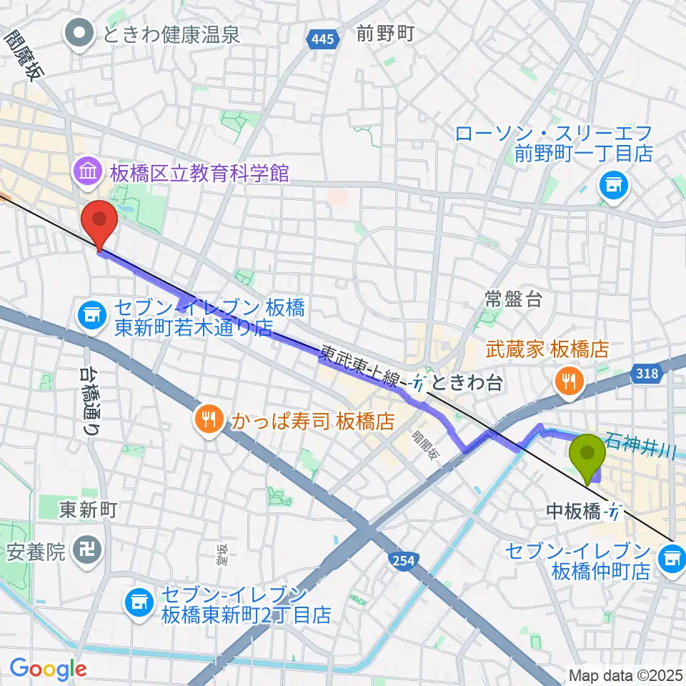 中板橋駅からえにしおんがくきょうしつへのルートマップ地図