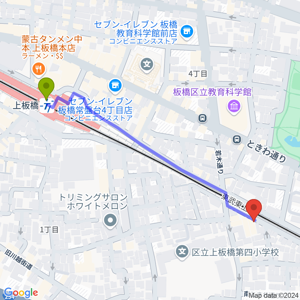 えにしおんがくきょうしつの最寄駅上板橋駅からの徒歩ルート（約6分）地図