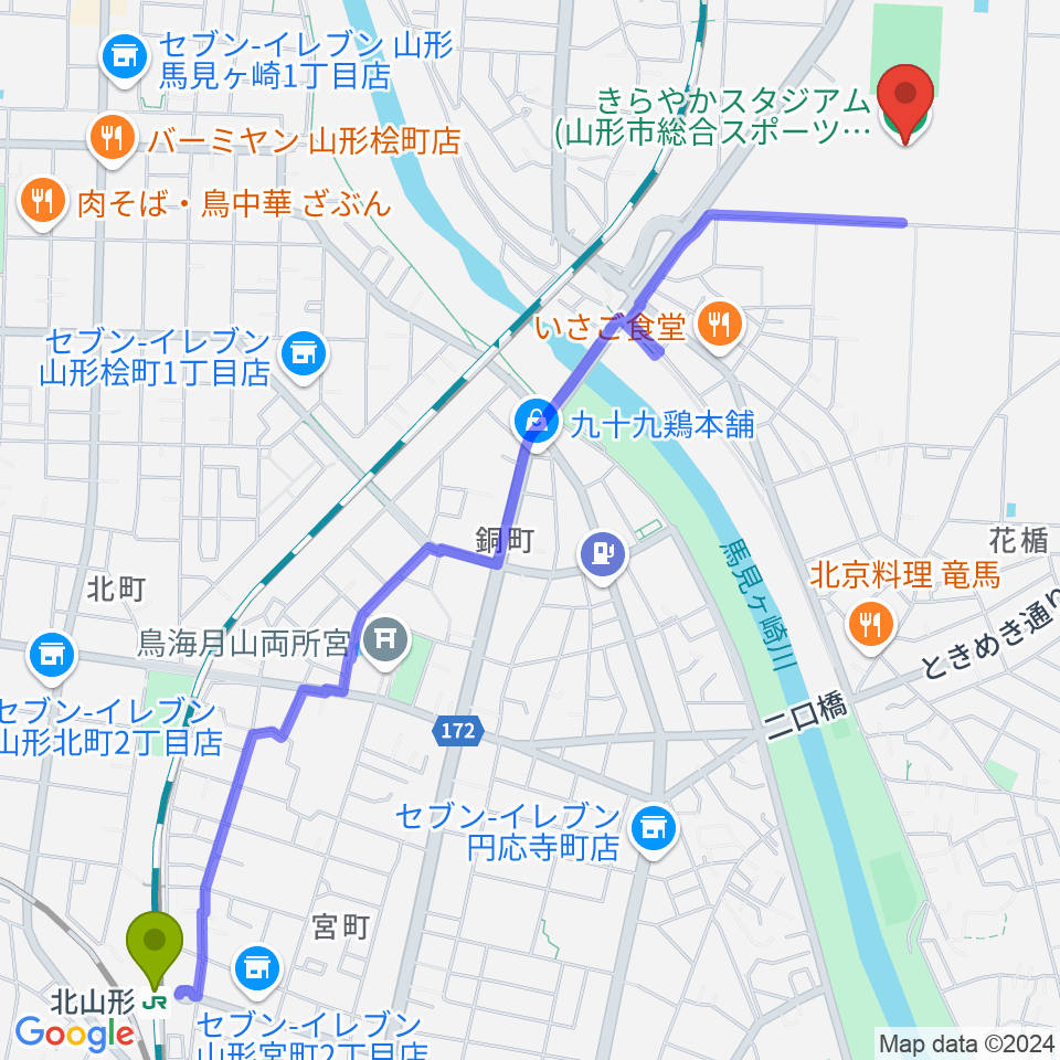 北山形駅からきらやかスタジアムへのルートマップ地図