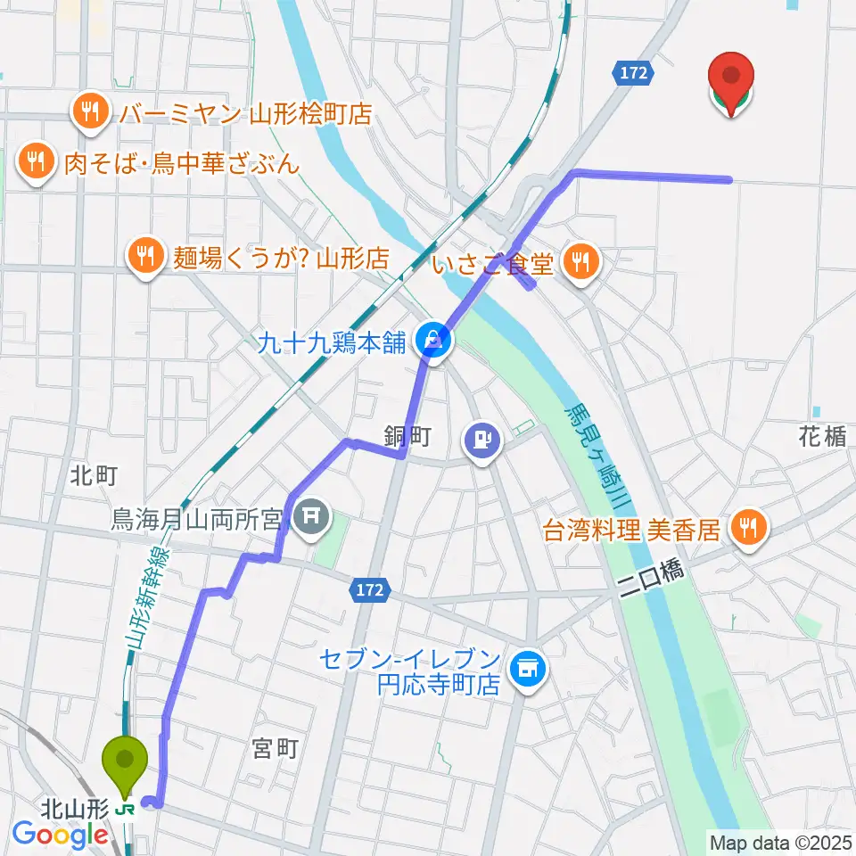 北山形駅からきらやかスタジアムへのルートマップ地図