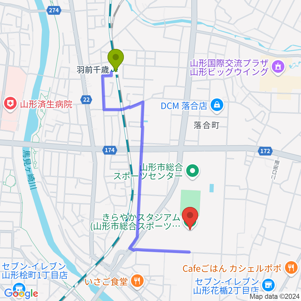 きらやかスタジアムの最寄駅羽前千歳駅からの徒歩ルート（約17分）地図