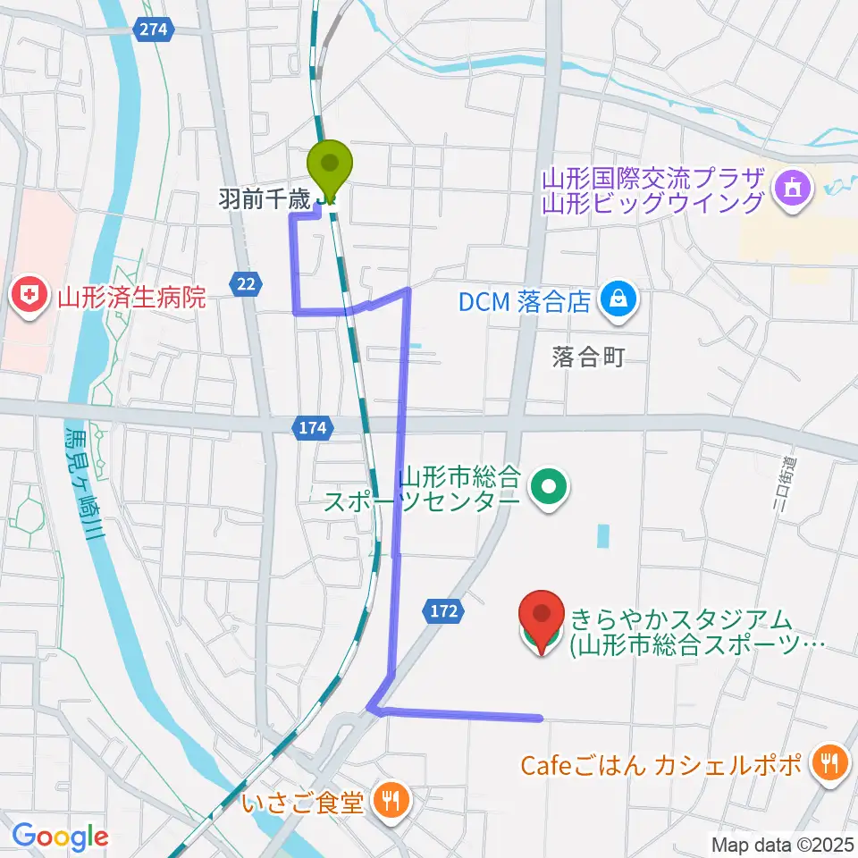 きらやかスタジアムの最寄駅羽前千歳駅からの徒歩ルート（約17分）地図