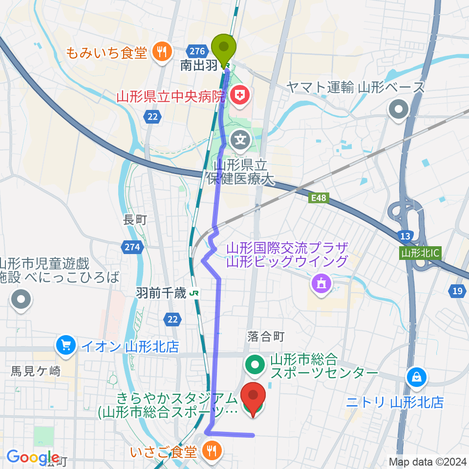 南出羽駅からきらやかスタジアムへのルートマップ地図