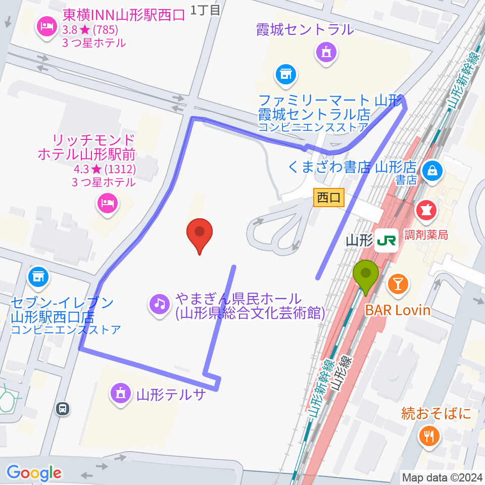 やまぎん県民ホールの最寄駅山形駅からの徒歩ルート（約3分）地図