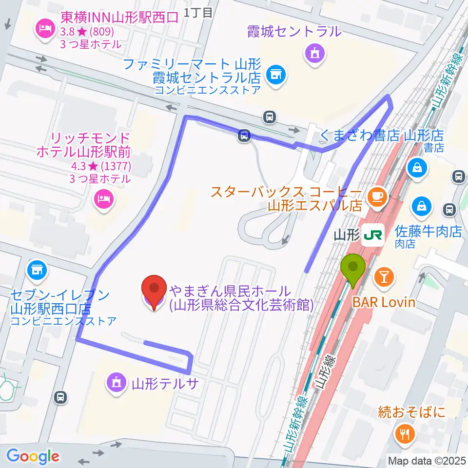 やまぎん県民ホールの最寄駅山形駅からの徒歩ルート（約3分）地図