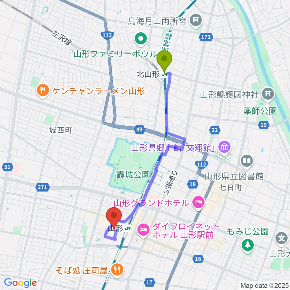 北山形駅からやまぎん県民ホールへのルートマップ地図