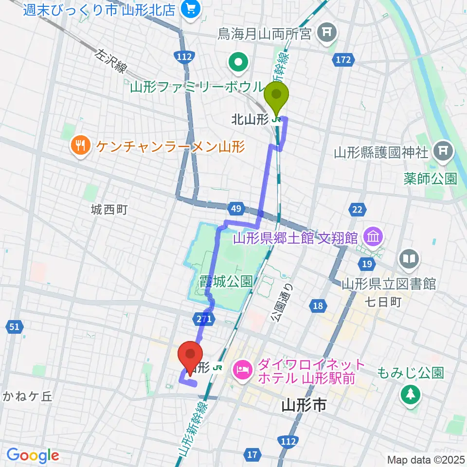北山形駅からやまぎん県民ホールへのルートマップ地図