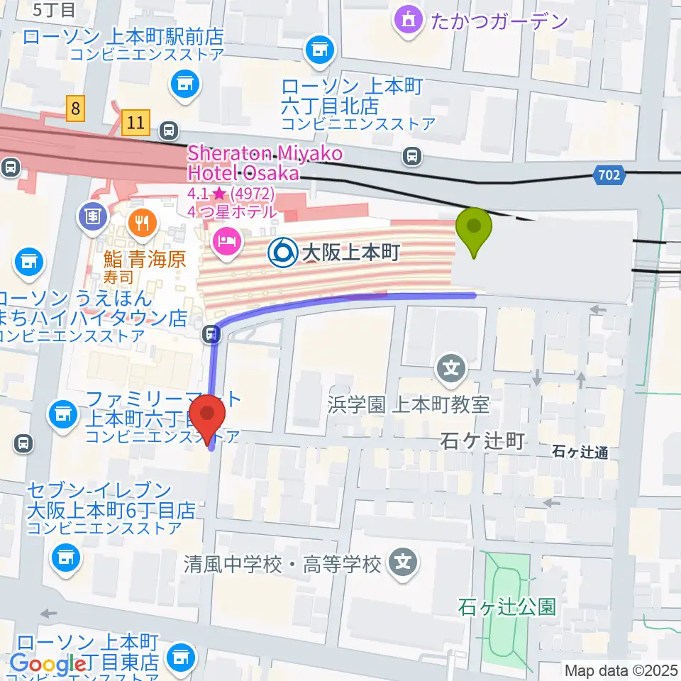 ラ・ロコマサロンの最寄駅大阪上本町駅からの徒歩ルート（約4分）地図