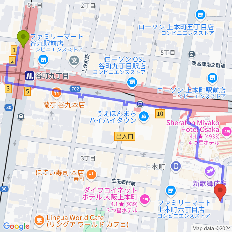 谷町九丁目駅からラ・ロコマサロンへのルートマップ地図