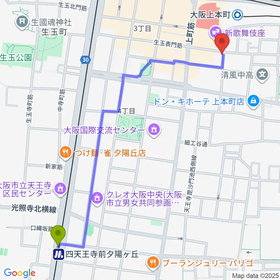 四天王寺前夕陽ヶ丘駅からラ・ロコマサロンへのルートマップ地図