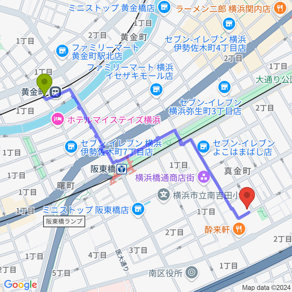 黄金町駅から横浜橋スタジオへのルートマップ地図