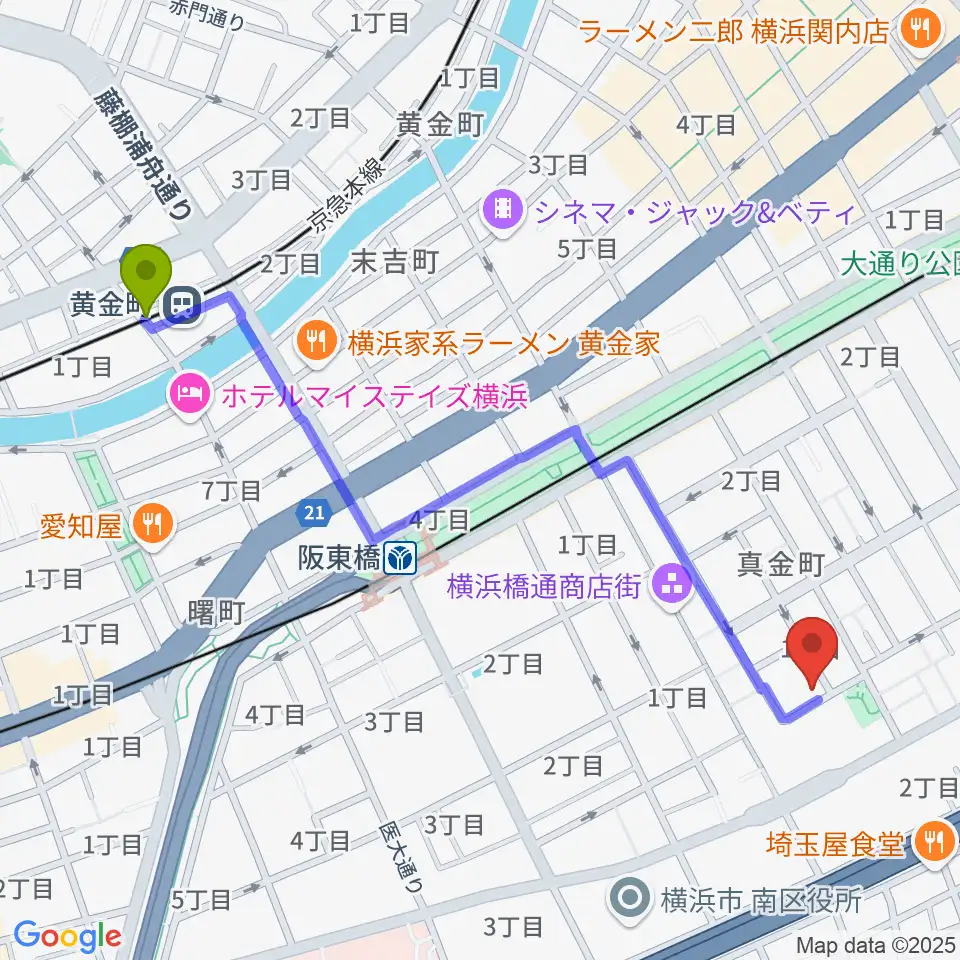 黄金町駅から横浜橋スタジオへのルートマップ地図