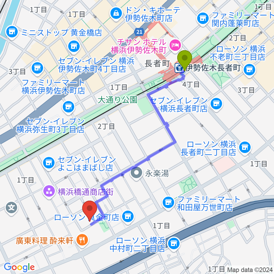 伊勢佐木長者町駅から横浜橋スタジオへのルートマップ地図