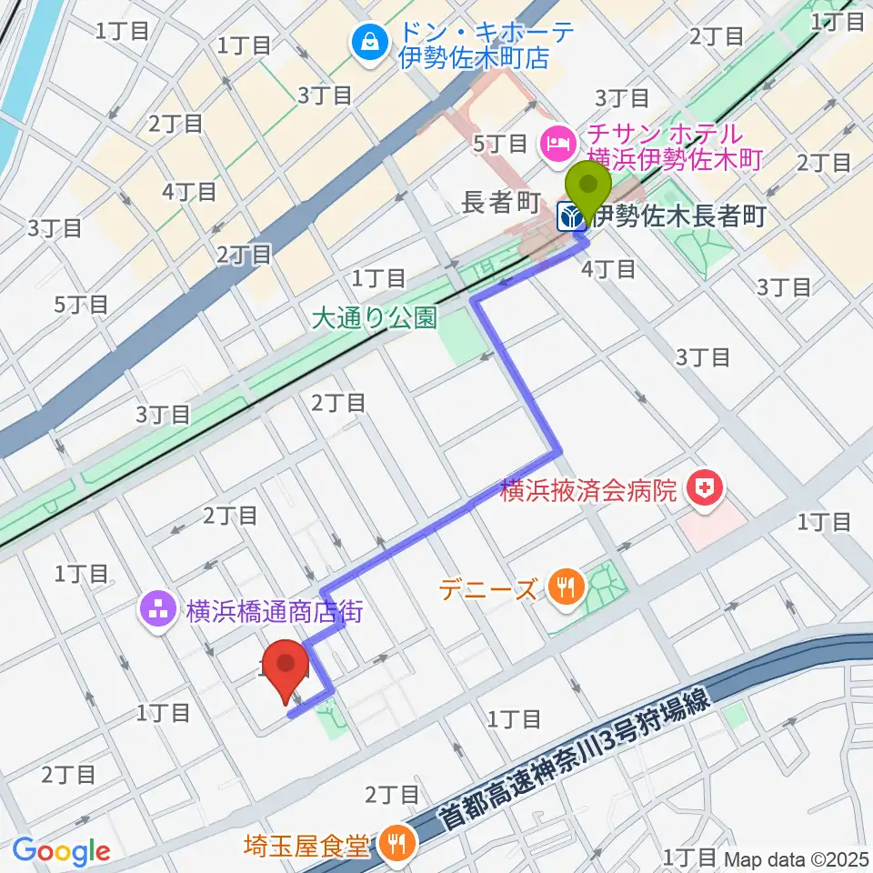 伊勢佐木長者町駅から横浜橋スタジオへのルートマップ地図