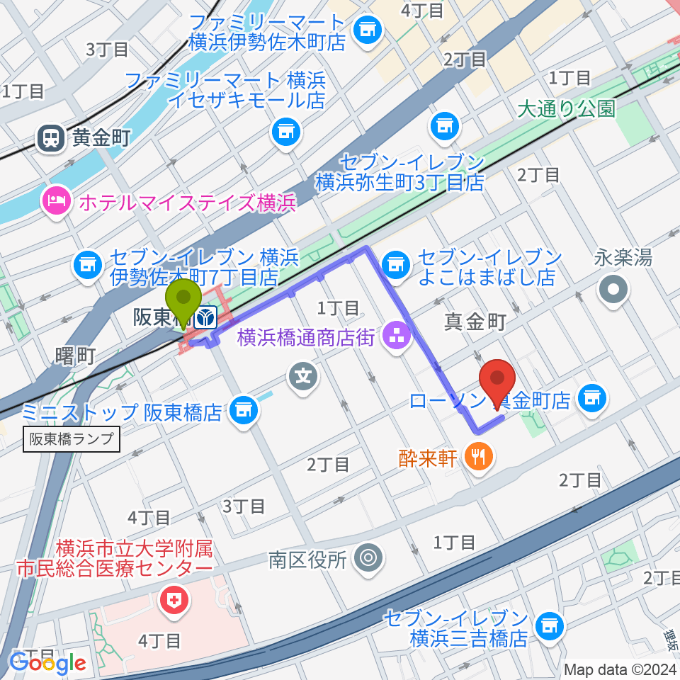 横浜橋スタジオの最寄駅阪東橋駅からの徒歩ルート（約7分）地図