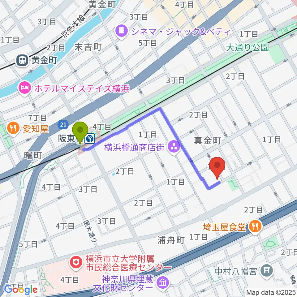横浜橋スタジオの最寄駅阪東橋駅からの徒歩ルート（約7分）地図