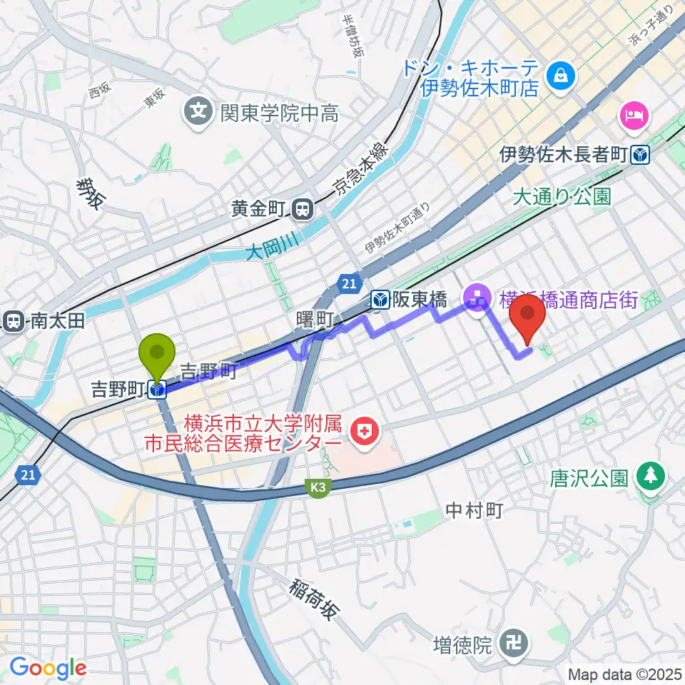 吉野町駅から横浜橋スタジオへのルートマップ地図