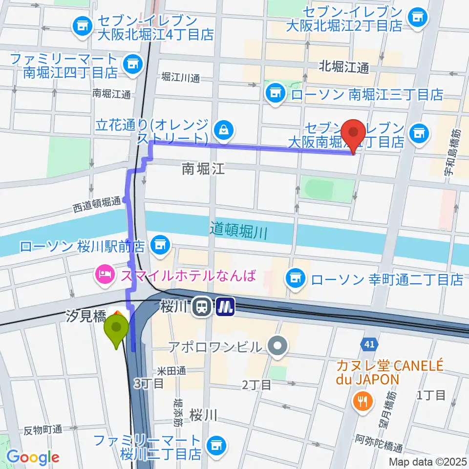 汐見橋駅から大倉ギター教室へのルートマップ地図