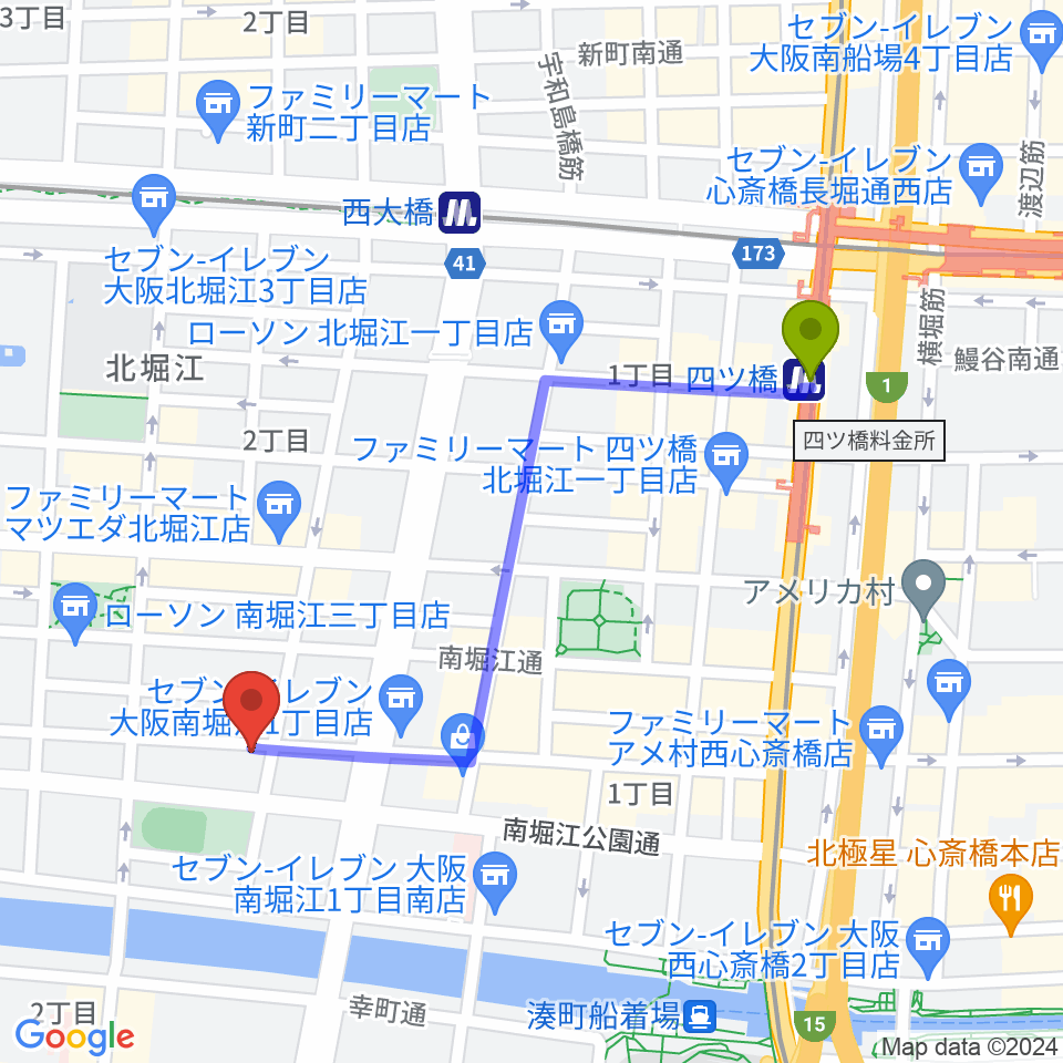 四ツ橋駅から大倉ギター教室へのルートマップ地図