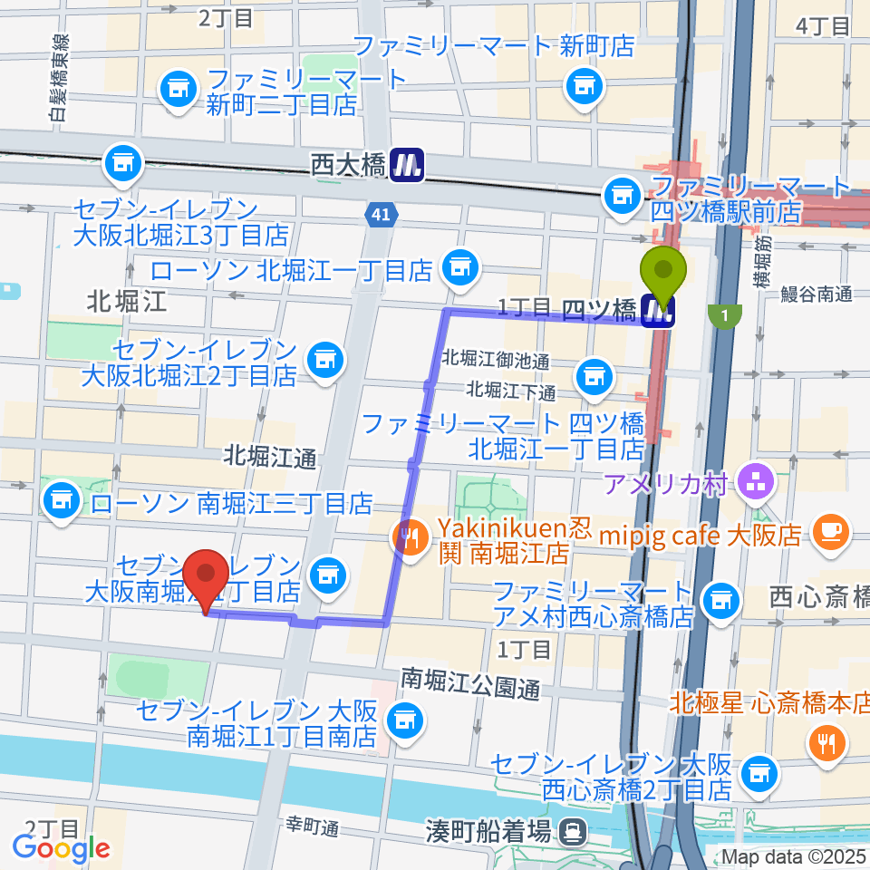 四ツ橋駅から大倉ギター教室へのルートマップ地図