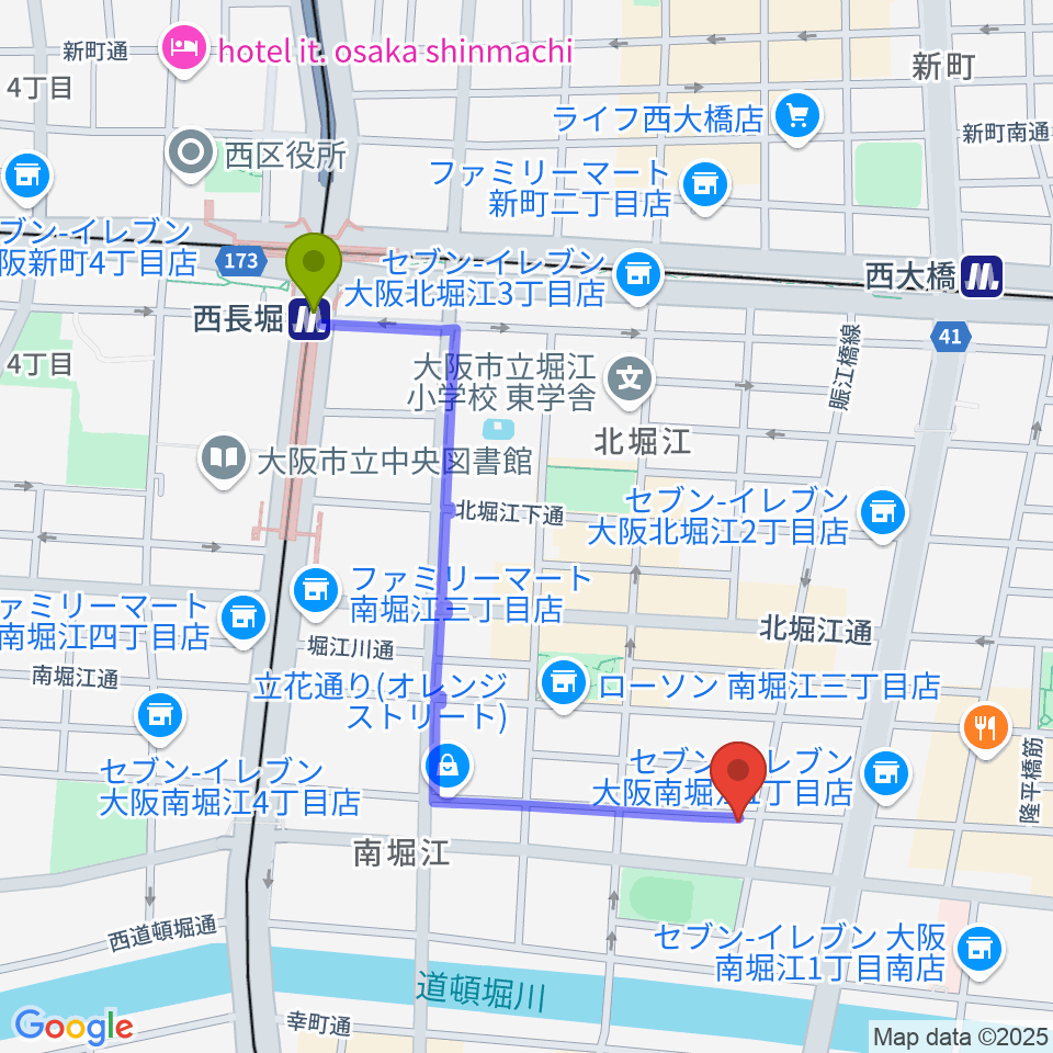 西長堀駅から大倉ギター教室へのルートマップ地図