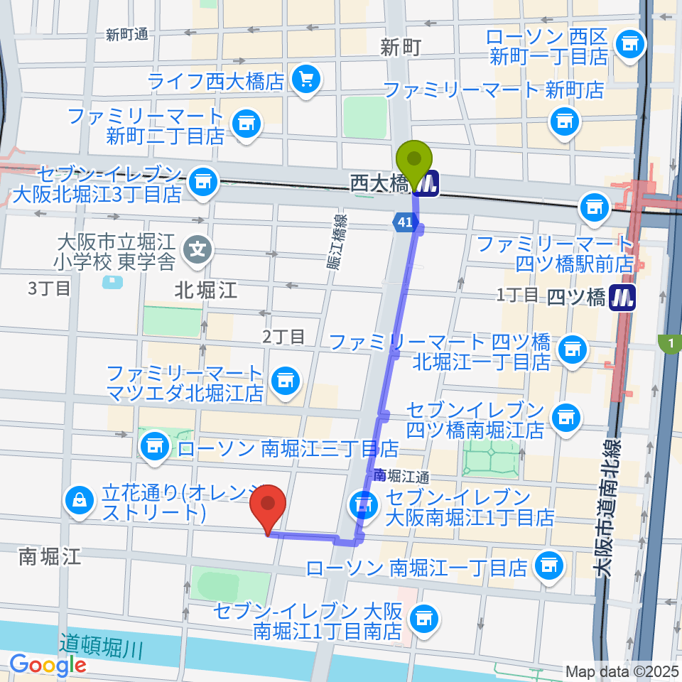 大倉ギター教室の最寄駅西大橋駅からの徒歩ルート（約9分）地図