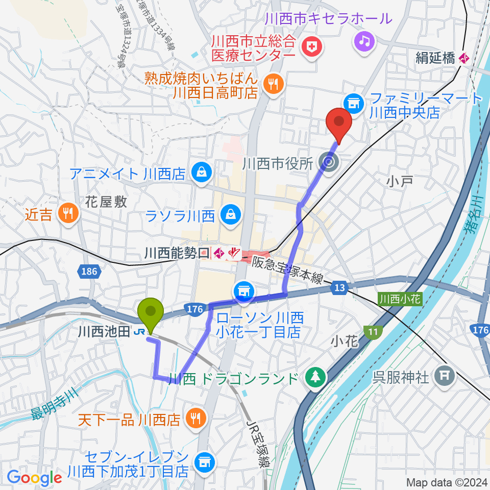 川西池田駅からOTO BEACHへのルートマップ地図