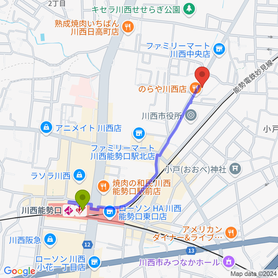 OTO BEACHの最寄駅川西能勢口駅からの徒歩ルート（約10分）地図