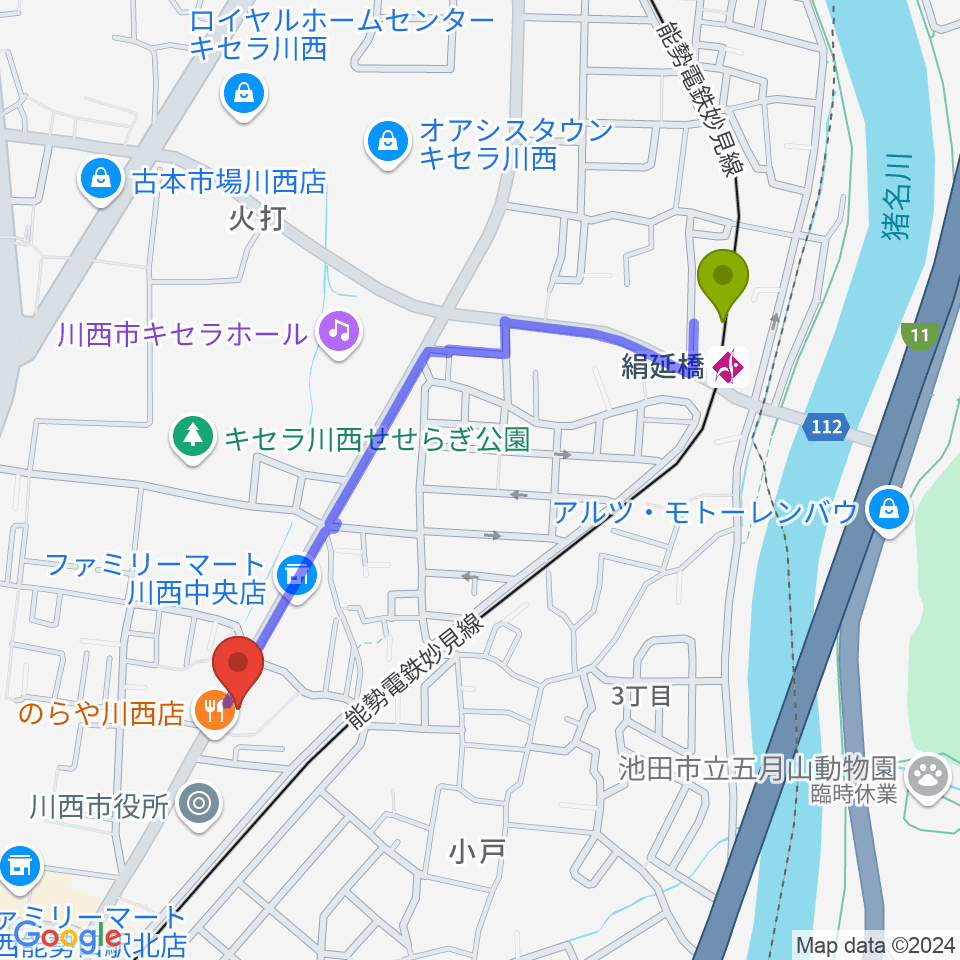 絹延橋駅からOTO BEACHへのルートマップ地図