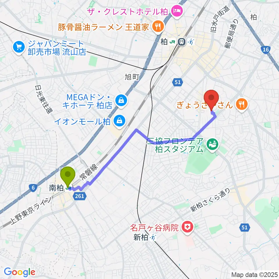 南柏駅からリアクション柏へのルートマップ地図