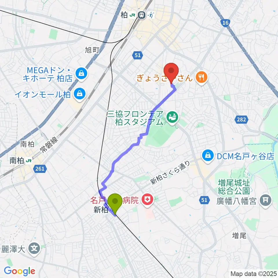 新柏駅からリアクション柏へのルートマップ地図