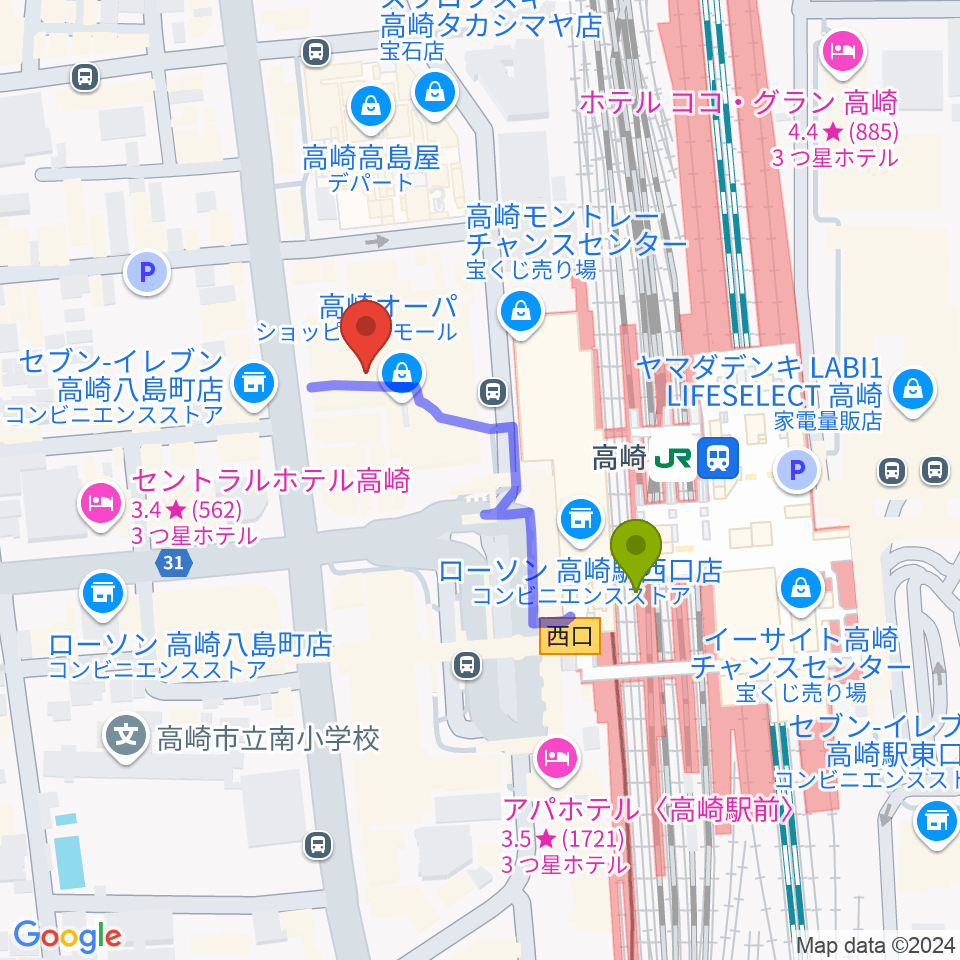 タワーレコード高崎オーパ店の最寄駅高崎駅からの徒歩ルート（約3分）地図