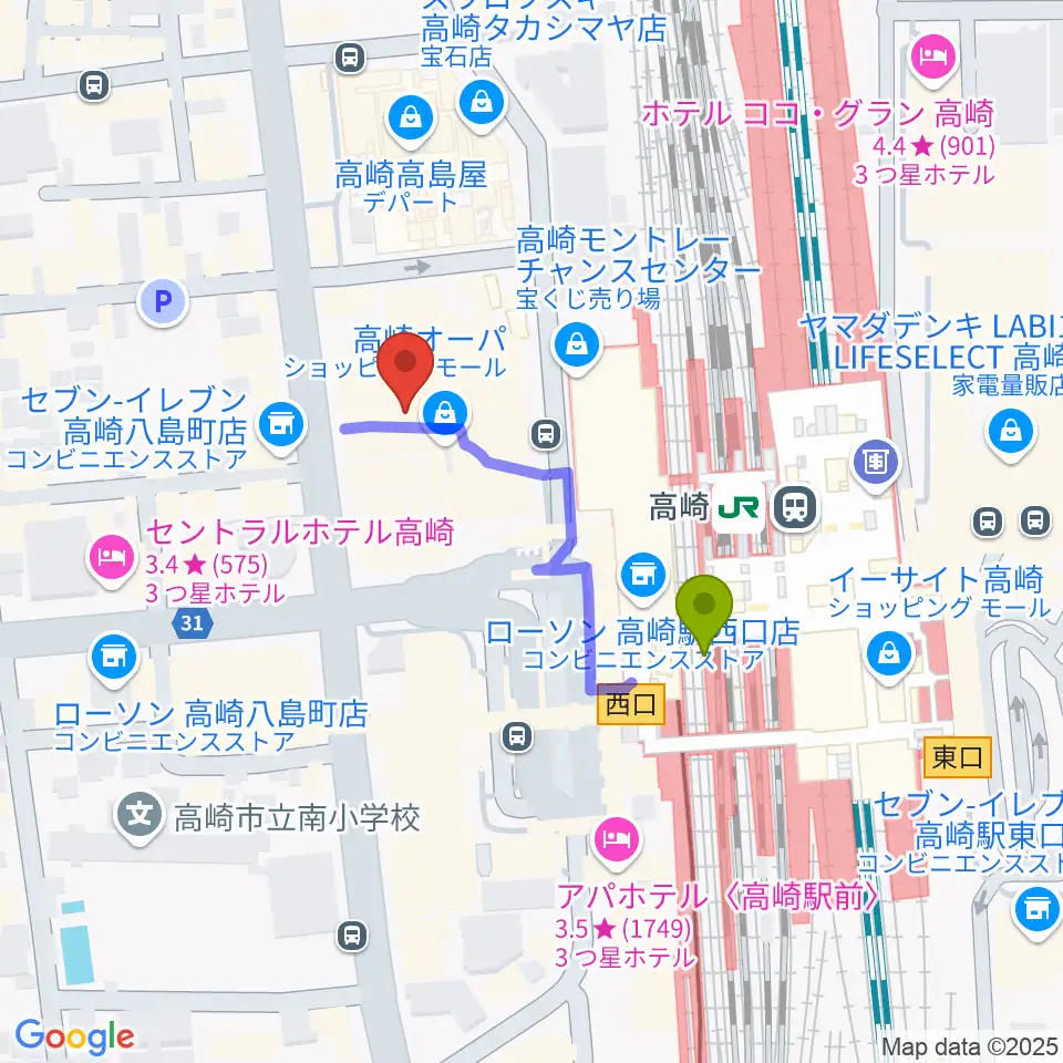 タワーレコード高崎オーパ店の最寄駅高崎駅からの徒歩ルート（約3分）地図