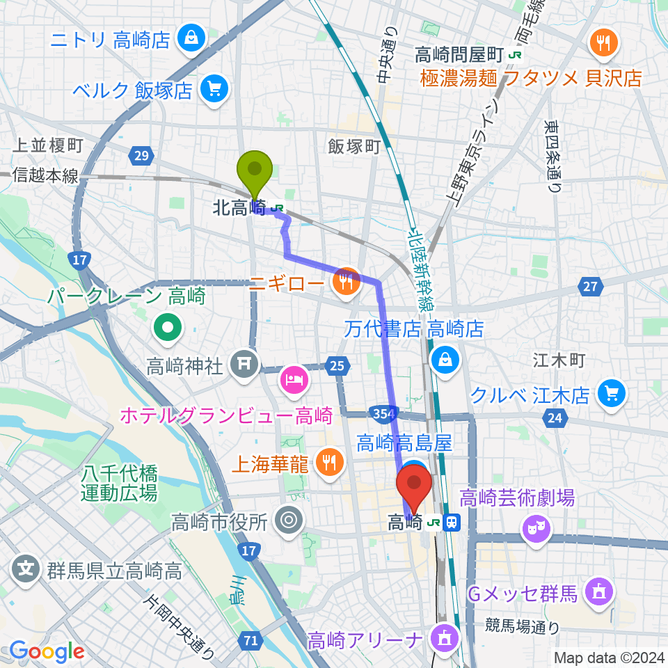 北高崎駅からタワーレコード高崎オーパ店へのルートマップ地図