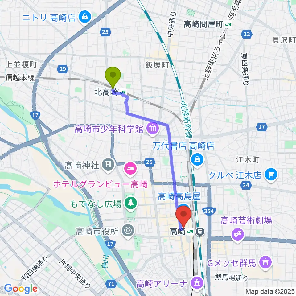 北高崎駅からタワーレコード高崎オーパ店へのルートマップ地図