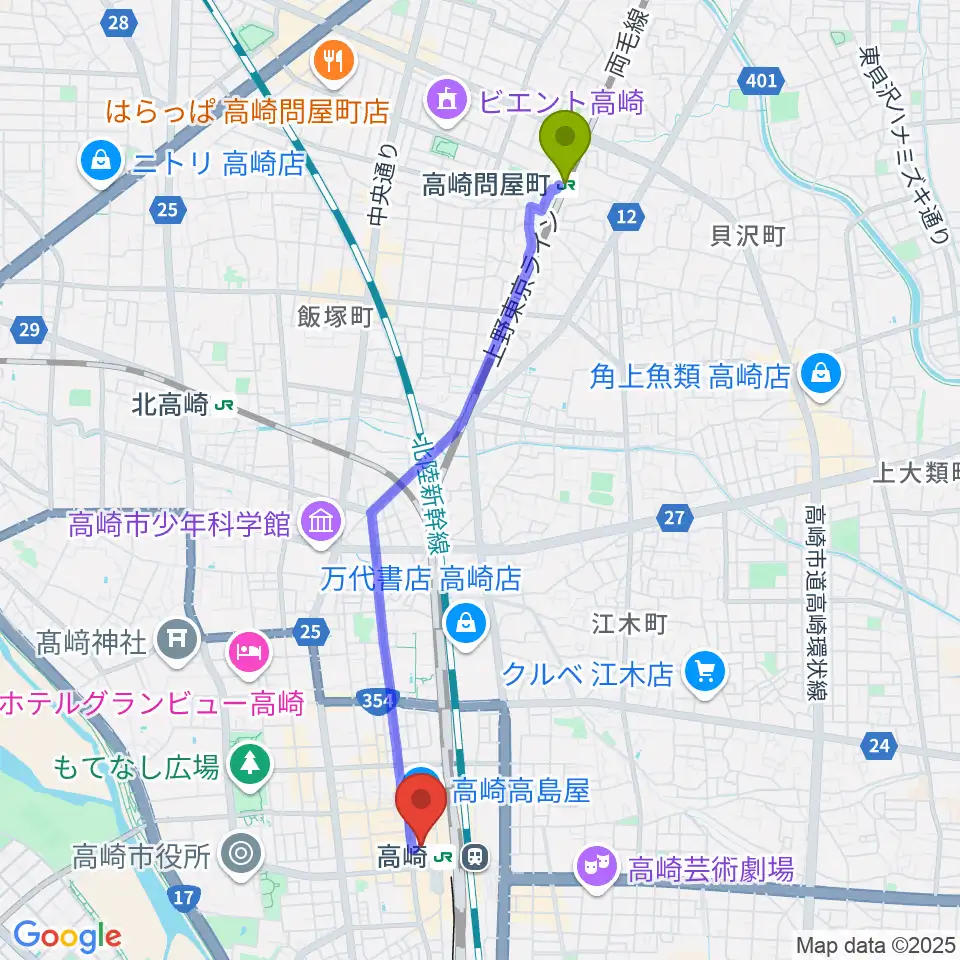 高崎問屋町駅からタワーレコード高崎オーパ店へのルートマップ地図