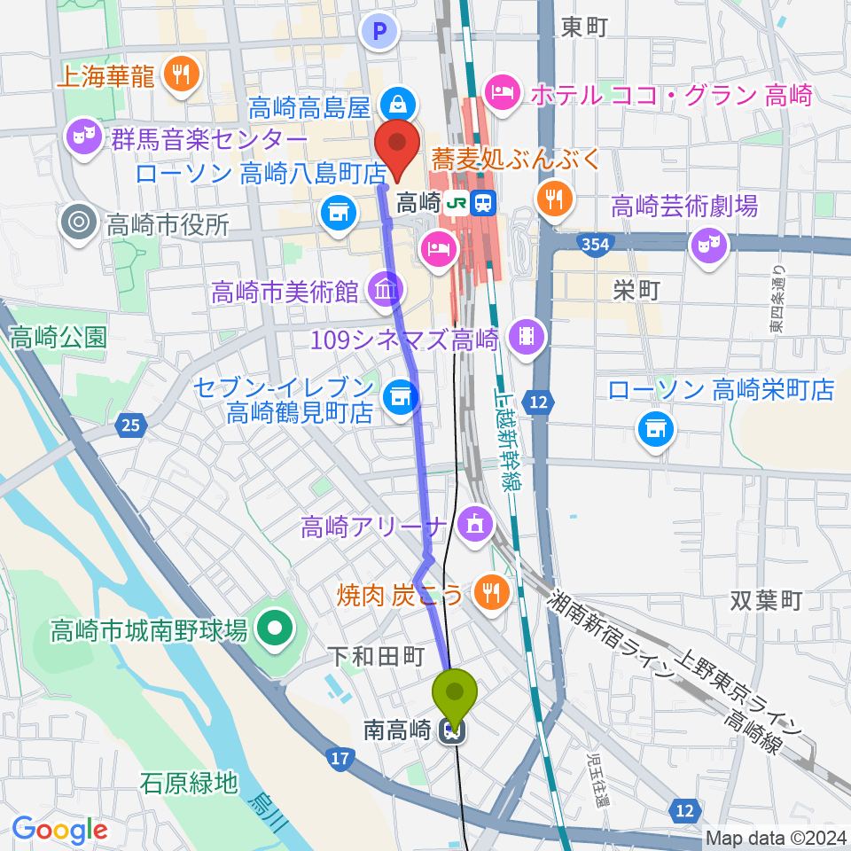 南高崎駅からタワーレコード高崎オーパ店へのルートマップ地図