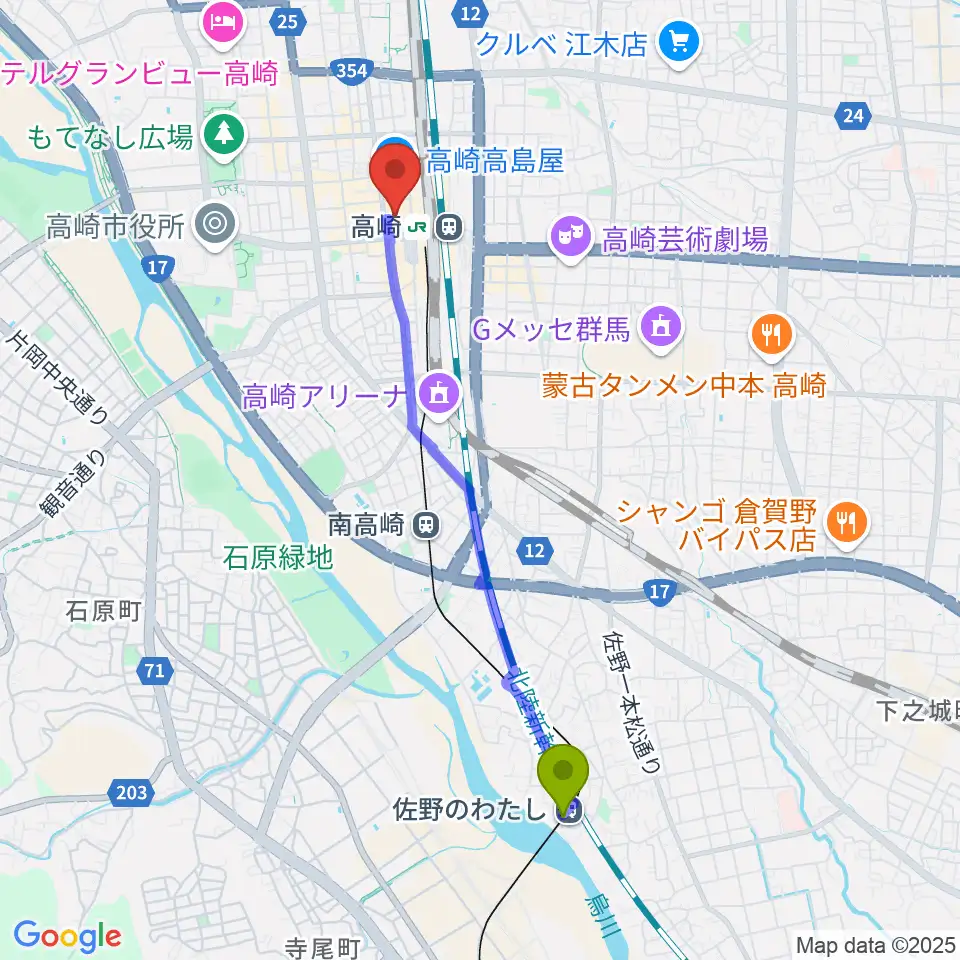佐野のわたし駅からタワーレコード高崎オーパ店へのルートマップ地図
