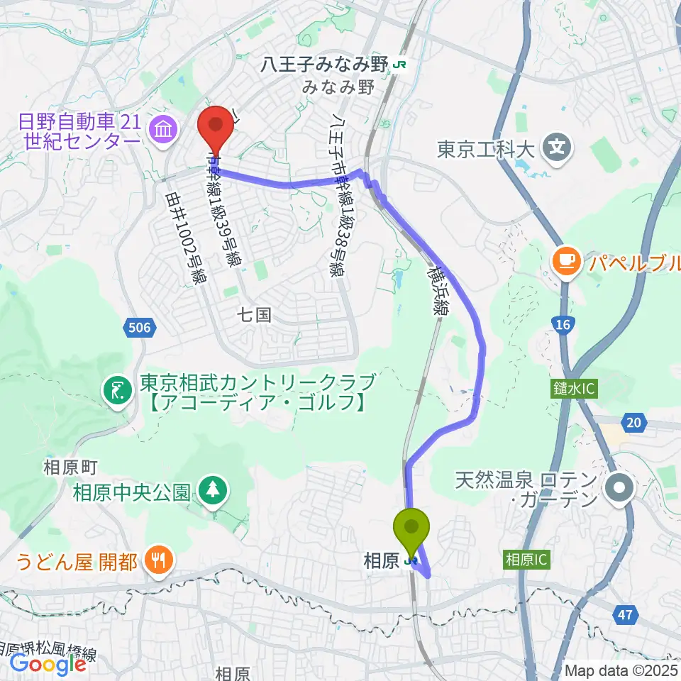 相原駅からTokyo Star Radioへのルートマップ地図