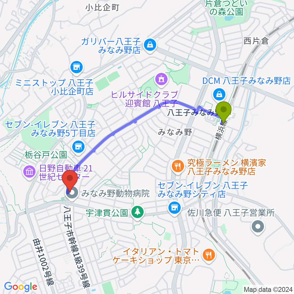 Tokyo Star Radio（八王子FM）の最寄駅八王子みなみ野駅からの徒歩ルート（約18分）地図