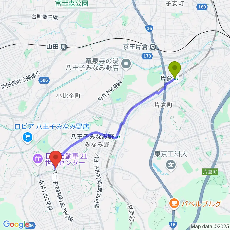 片倉駅からTokyo Star Radioへのルートマップ地図