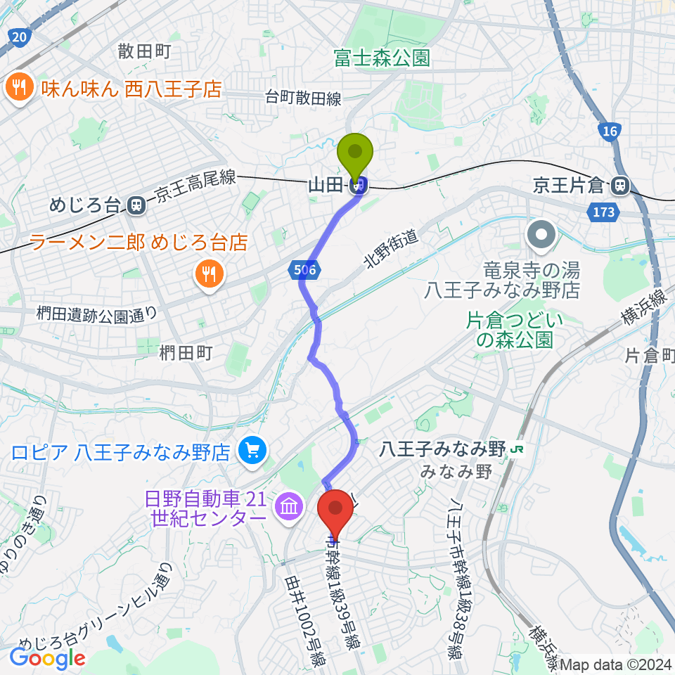 山田駅からTokyo Star Radio（八王子FM）へのルートマップ地図