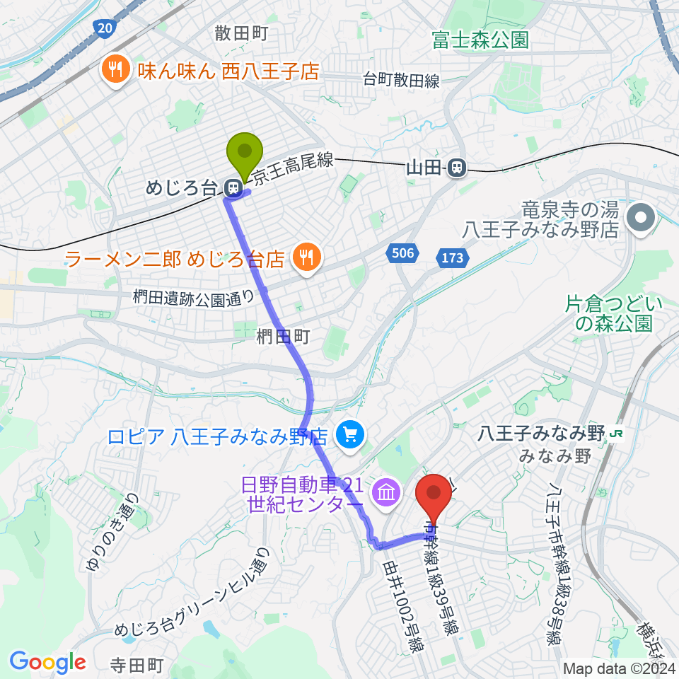 めじろ台駅からTokyo Star Radio（八王子FM）へのルートマップ地図