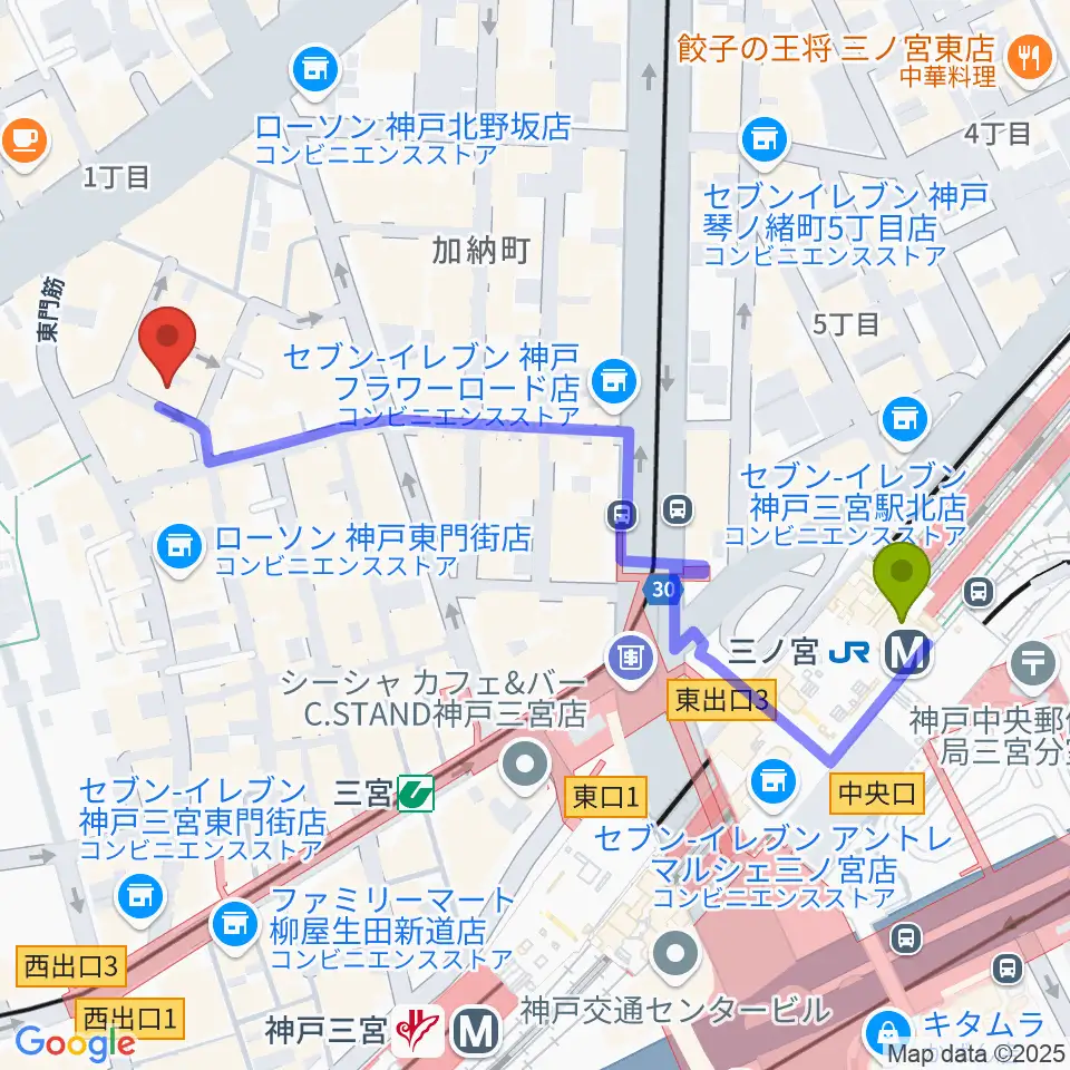 神戸 隠れ谷の最寄駅三ノ宮駅からの徒歩ルート（約6分）地図