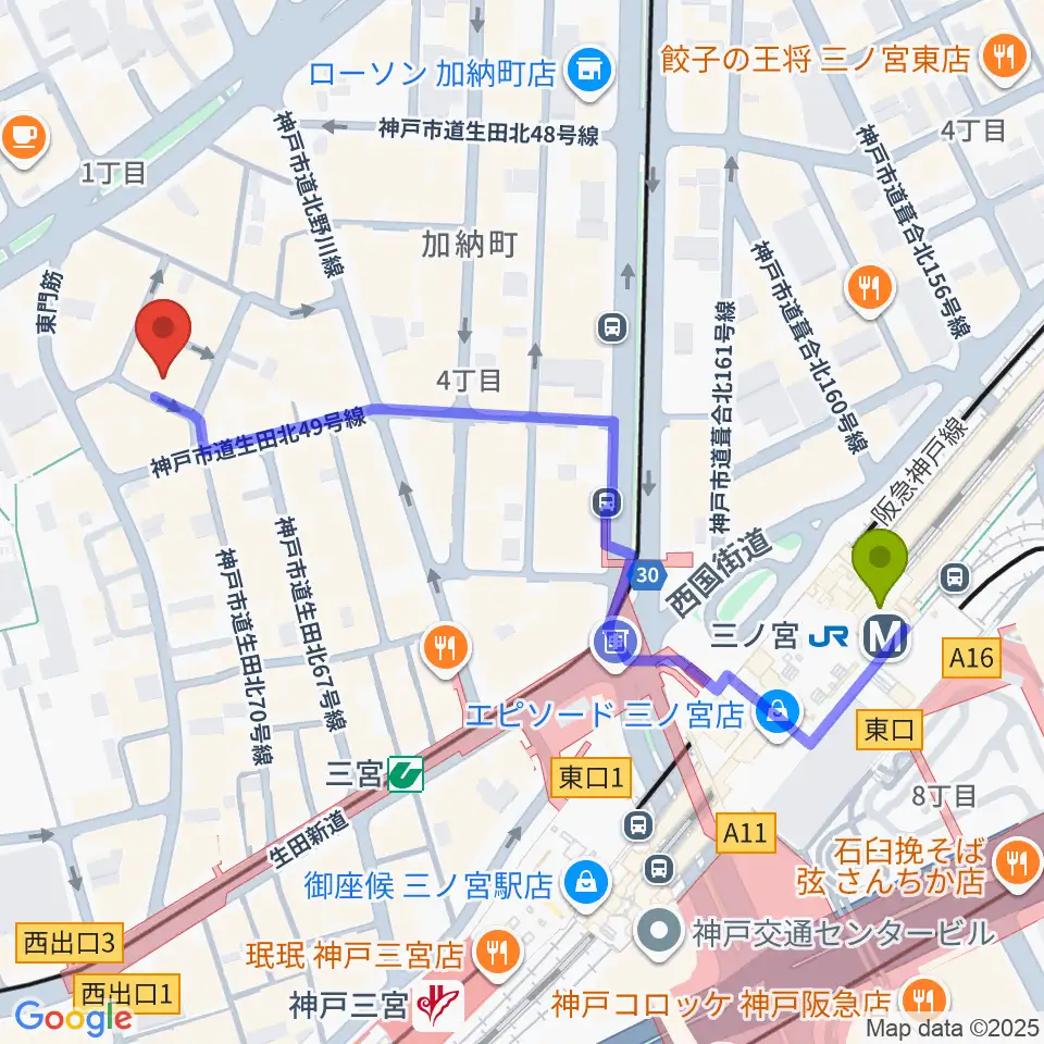 神戸 隠れ谷の最寄駅三ノ宮駅からの徒歩ルート（約6分）地図
