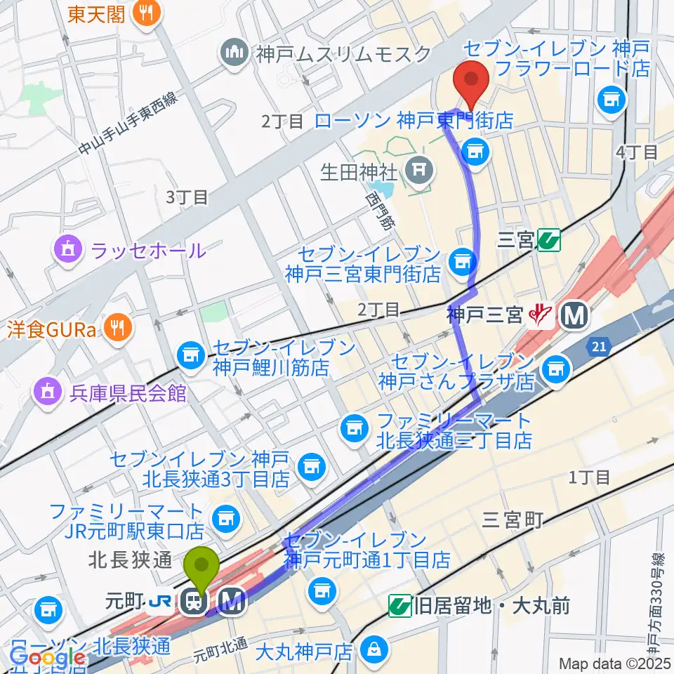 元町駅から神戸 隠れ谷へのルートマップ地図