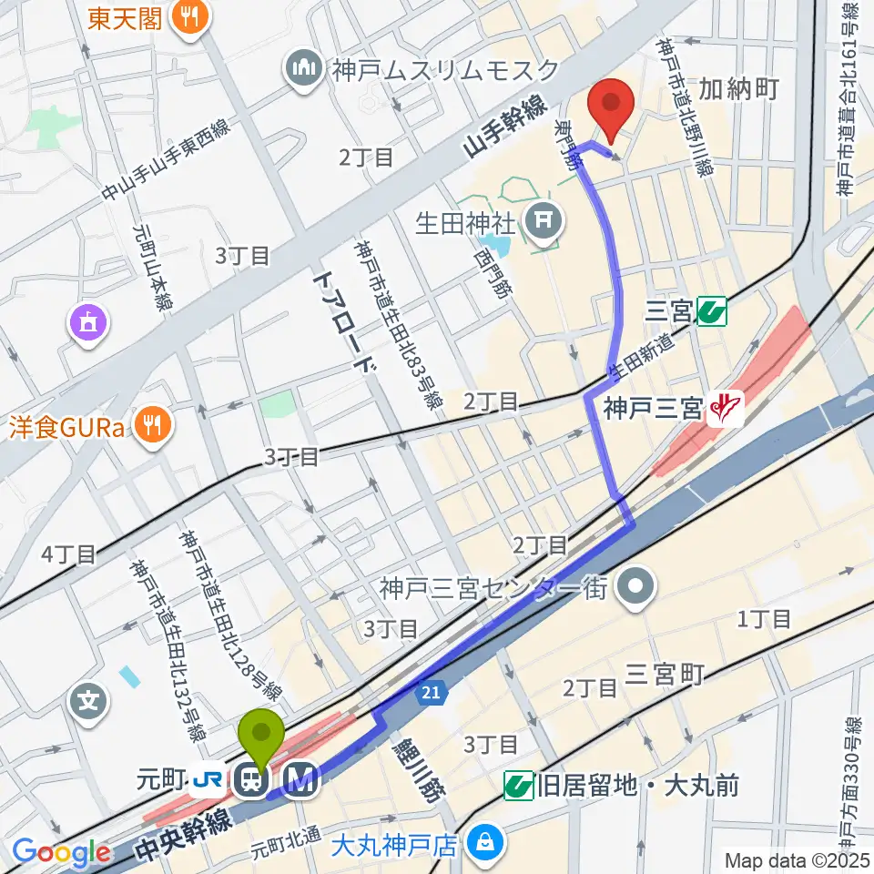 元町駅から神戸 隠れ谷へのルートマップ地図
