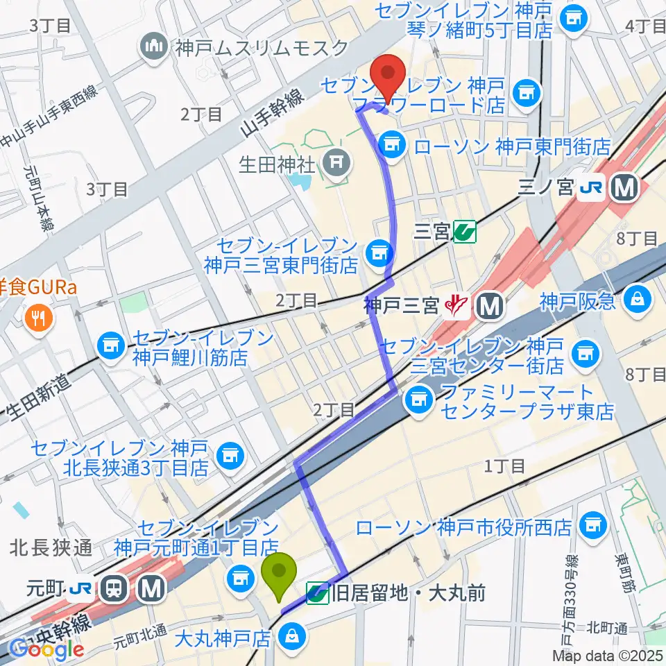 旧居留地・大丸前駅から神戸 隠れ谷へのルートマップ地図